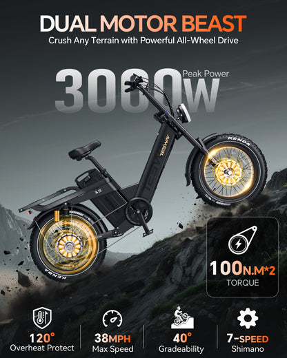 TESWAY X5 AWD Step-Thru E-Bike – Easy Mount 3000W Dual Motor