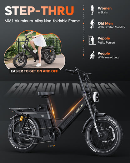 TESWAY X5 AWD Step-Thru E-Bike – Easy Mount 3000W Dual Motor